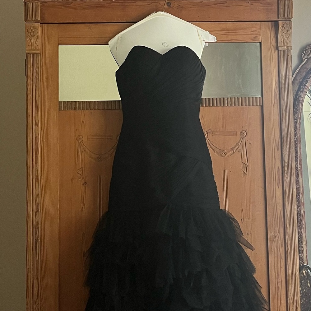 Strapless Black Ruffled Evening Dress